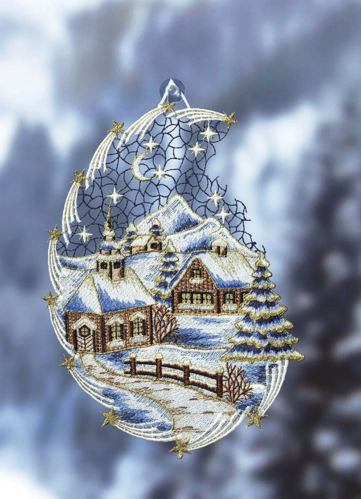 Fensterbild Schnee-Landschaft aus echter Plauener Spitze