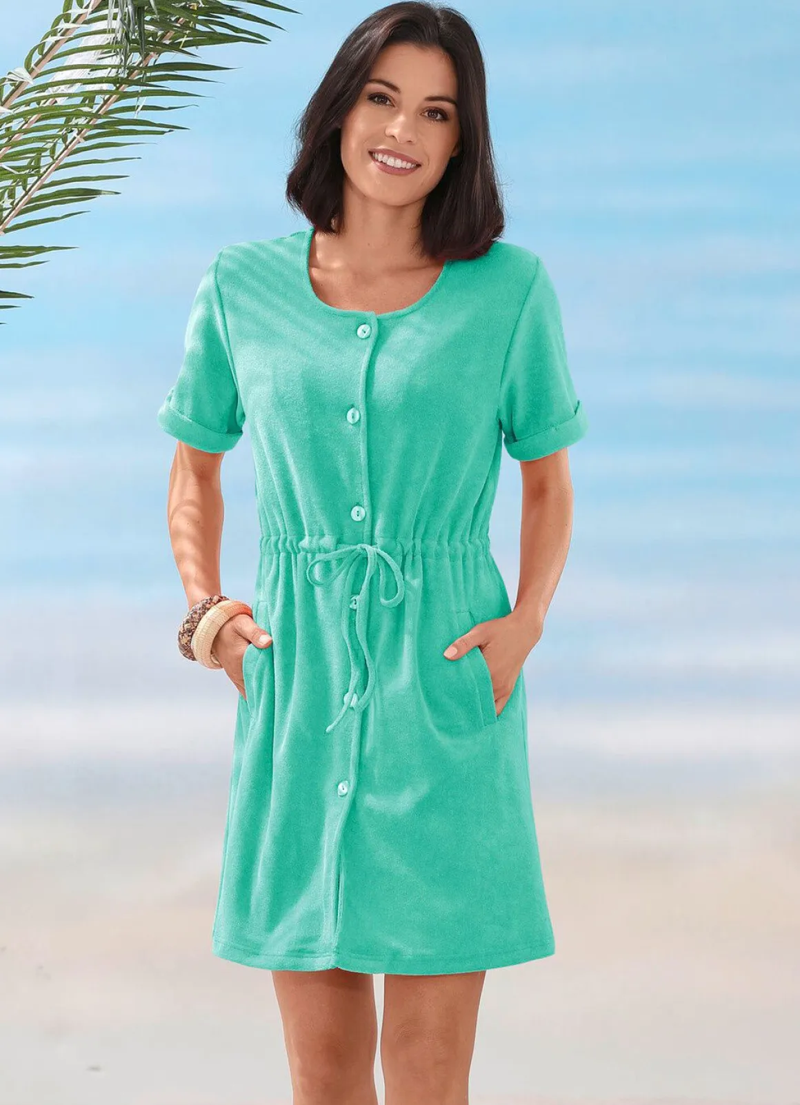 Frottier-Kleid mit durchgehender Knopfleiste