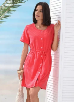 Frottier-Kleid mit durchgehender Knopfleiste