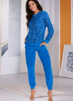 Frottierstretch Schlafanzug mit Rundhals und Bündchen