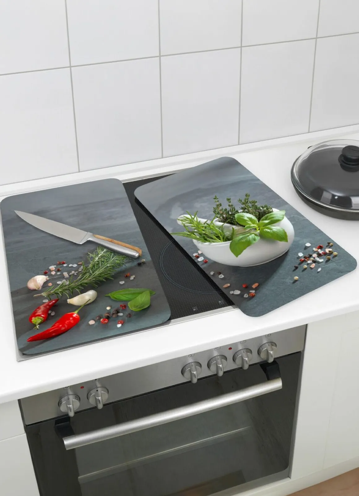 Herdabdeckplatten aus Glas, 2er-Set, Motiv Kräuterküche