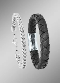 2-teiliges Armband-Set aus Edelstahl und Leder