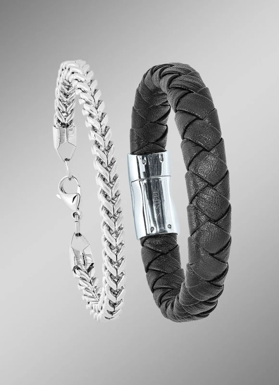 2-teiliges Armband-Set aus Edelstahl und Leder