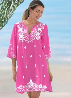 Tunika mit weißer Stickerei sowie Seitenschlitzen, reine Baumwolle