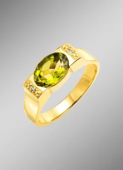 Zeitlos eleganter Damenring mit echt Peridot und 2 Diamanten